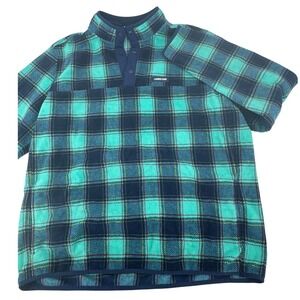 Lands End 1/4 Button fleece Mens XL/T Okeo-Tex Flannel Pullover Blue Green Plaid